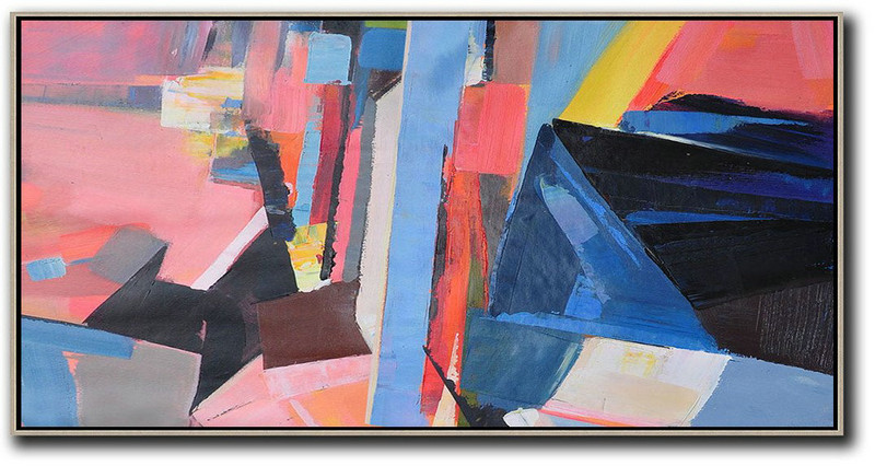 Large Abstract Art,Horizontal Palette Knife Contemporary Art Panoramic Canvas Painting,Contemporary Wall Art,Pink,Blue,Black,Yellow.etc
